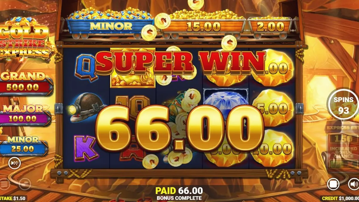 Tampilan visual slot Gold Strike Express dengan tema tambang emas