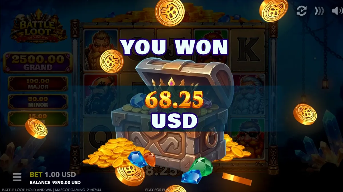Tampilan visual slot Battle Loot: Hold and Win dengan tema kurcaci dan harta karun.